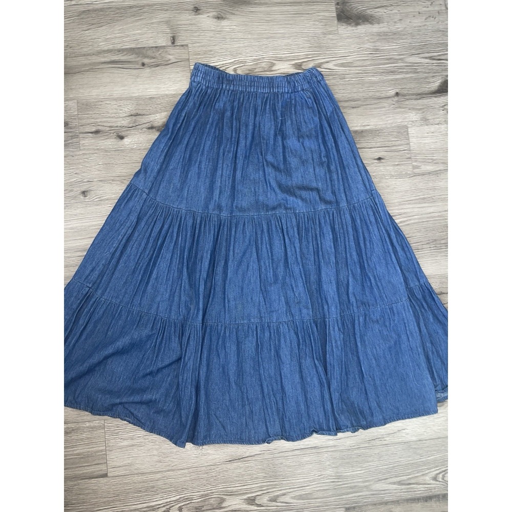 Vintage Blue tiered Denim Skirt Western Cowgirl Maxi‎ Ruffle Size Medium